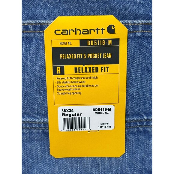 NWT Carhartt Men Relaxed Fit 5 Pocket Jean 38x34 Heavyweight Denim Straight Leg - Picture 2 of 6